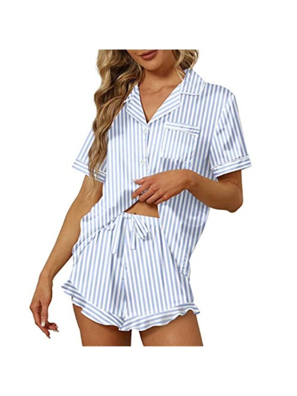 SAPJON Blue Stripe Satin Pajama Set Ruffle Trim Button Down Sleepwear